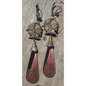 Czech Purple Glass Intaglio  Roman Soldier Drop Earrings Antique Gold Tone READ
